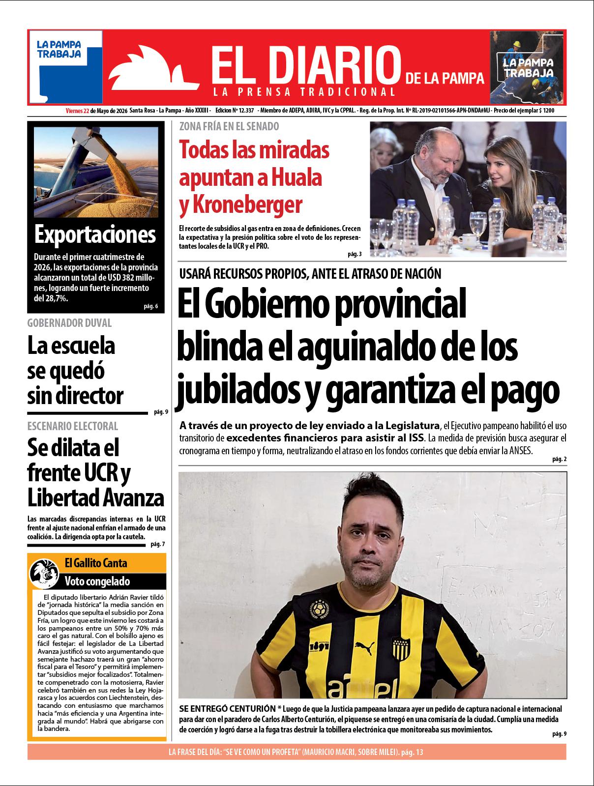 Tapa de El Diario en papel  viernes 22 de mayo de 2026